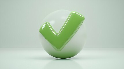 Green checkmark on white sphere, 3D render.