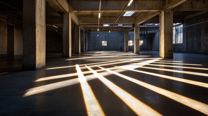 Sunbeams illuminate large empty concrete warehouse.