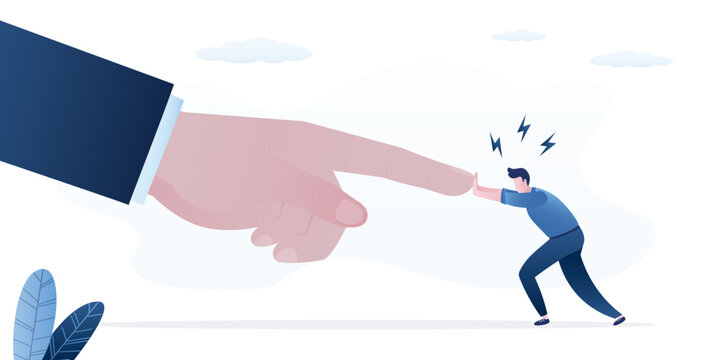 Survive recession or financial crisis. Frustrated employee resist huge boss fist. Business power, corporate slavery. Tired manager, emotional pressure, stress.