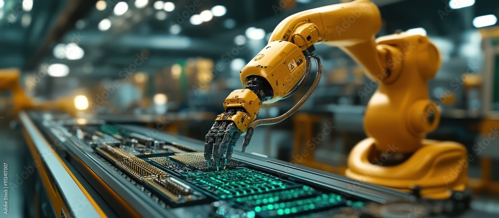 Aufkleber a yellow robotic arm with a mechanical hand reaching down to press buttons on a circuit board in a f
