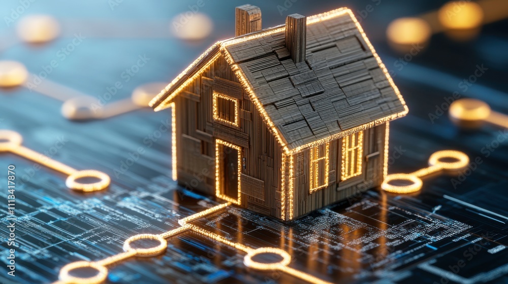 Poster conceptual image of a wooden house with digital circuitry background representing smart home technol