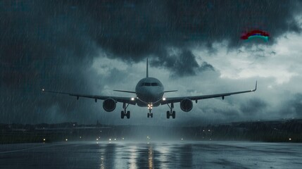Dramatic Landing of an Airplane in Heavy Rainstorm with Dark Clouds and Strong Winds at an Airport Runway, Captured in a Moody Atmosphere