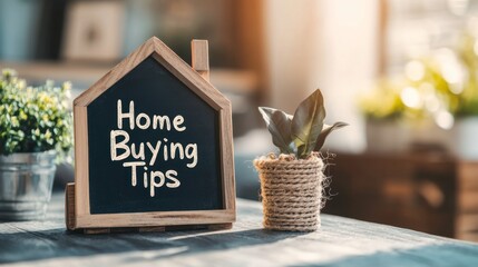 Home Buying Tips Written on a Chalkboard Next to a Small Potted Plant, Conveying Warmth and Guidance for Prospective Homeowners in a Cozy Setting