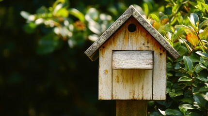 Rustic Wooden Birdhouse Surrounded by Lush Green Foliage in a Peaceful Garden Setting, Perfect for Nature Lovers and Bird Enthusiasts, Symbolizing Home and Comfort