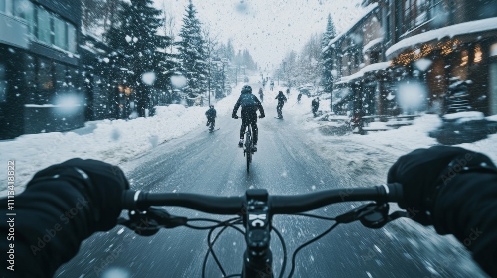 Poster riding a bicycle through a snow-covered road surrounded by trees and buildings. snowflakes fall as o