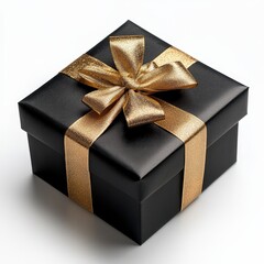 Elegant black gift box adorned with a shiny gold ribbon placed on a clean white background for festive occasions and celebrations