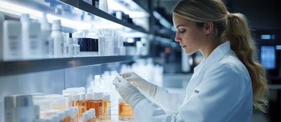 A female scientist in a lab coat examines a bottle of liquid, carefully holding it in her gloved hands