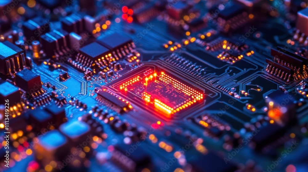 Poster close-up of a circuit board with a red led light