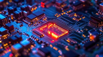 Obraz premium Close-up of a Circuit Board with a Red LED Light