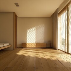 Obraz premium Minimalist bedroom with wood floor, blinds, and natural light.