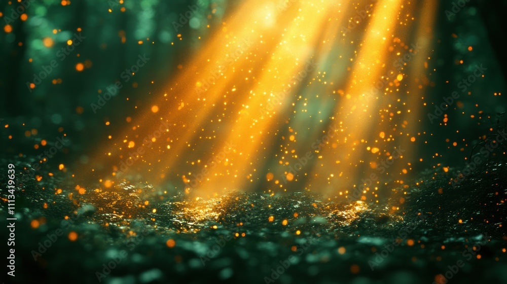 Poster bursting golden light rays on deep green abstract background with sparkling bokeh