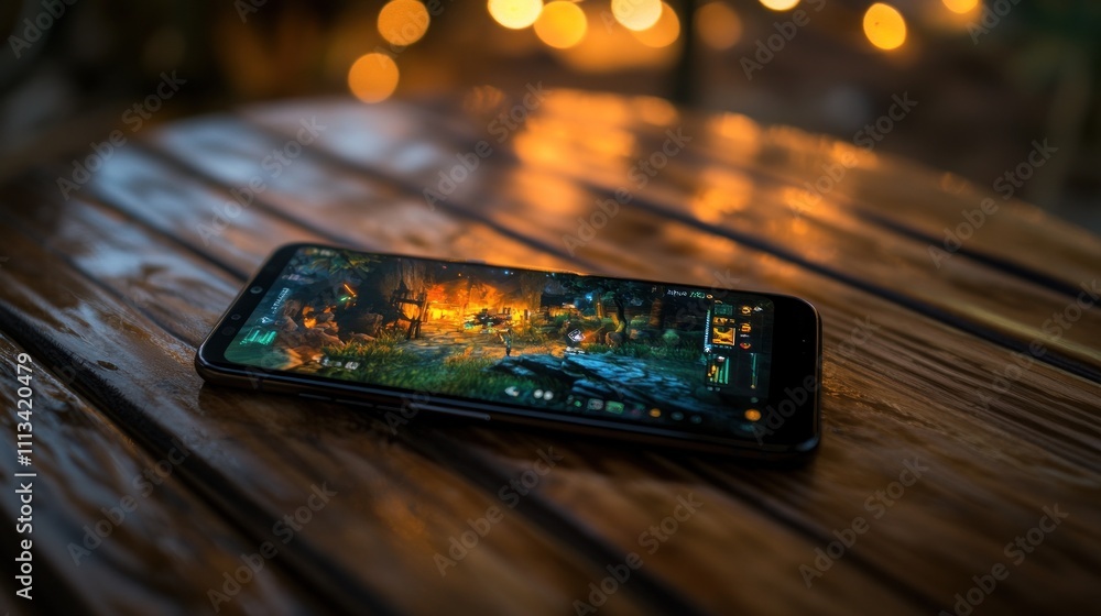 Poster a smartphone displaying a vibrant game scene on a wooden table with warm background lights.