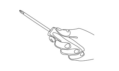 continuous line of hand holding a screwdriver illustration