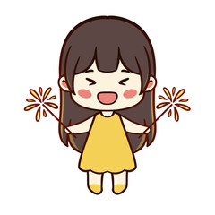 Hand drawn illustration of a cute little girl playing with fireworks with a happy expression suitable for stickers with fireworks festival themes, New Year's Eve, etc.