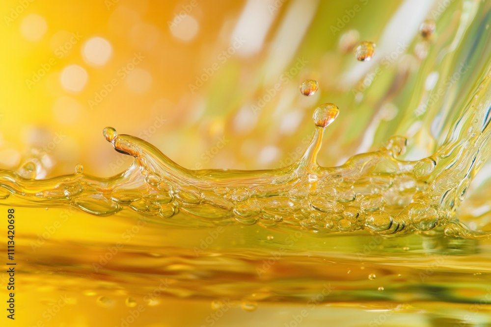 Poster close-up of golden liquid splashing, creating dynamic wave and droplets.