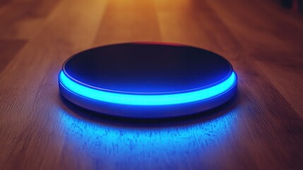 A circular device with a glowing blue light, likely a wireless charger or smart gadget.