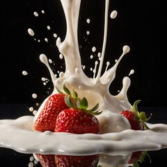 Creamy Milk Splashing Over Ripe Red Strawberries