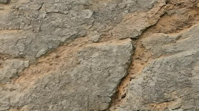 Textured rock surface with cracks and sandy layers in natural tones.