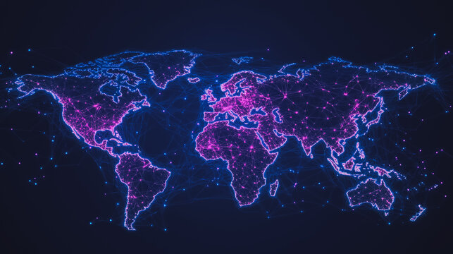 abstract business connection of line from nail node to node on world map background Innovation network points Earth's surface