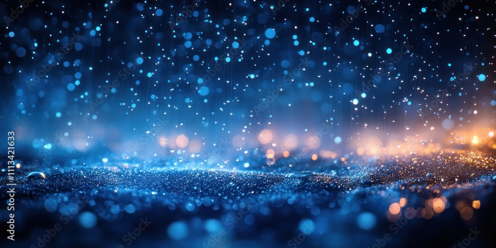 Aufkleber shimmering blue rain draping down on dark background sparkling particles for celebrations events gre