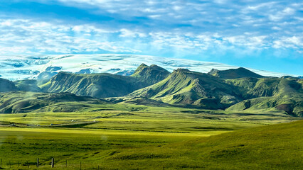 View of Myrdalsjokull Glacier and Katla Geopark from Ring Road, northwest of Vik