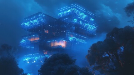 Futuristic Bio-luminescent Building in a Mystical Forest at Night