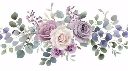 Dusty Violet and Creamy Flowers Vector Design: A vector design featuring dusty violet lavender, creamy antique roses, and mauve flowers with eucalyptus, creating a pastel-style wedding