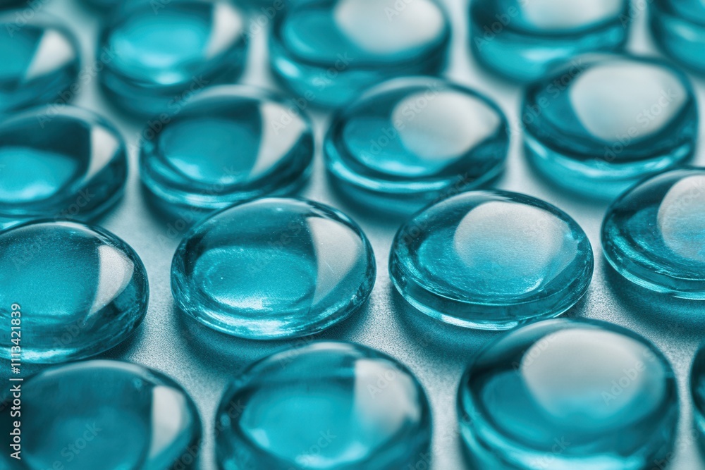Poster close-up of many translucent teal glass pebbles arranged in rows.