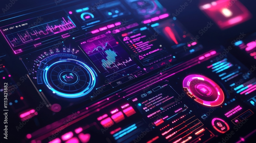 Poster vibrant digital mockup design showcasing user interface with futuristic elements