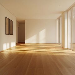 Fototapeta premium Sunlight streams through large windows into an empty room with hardwood floors.