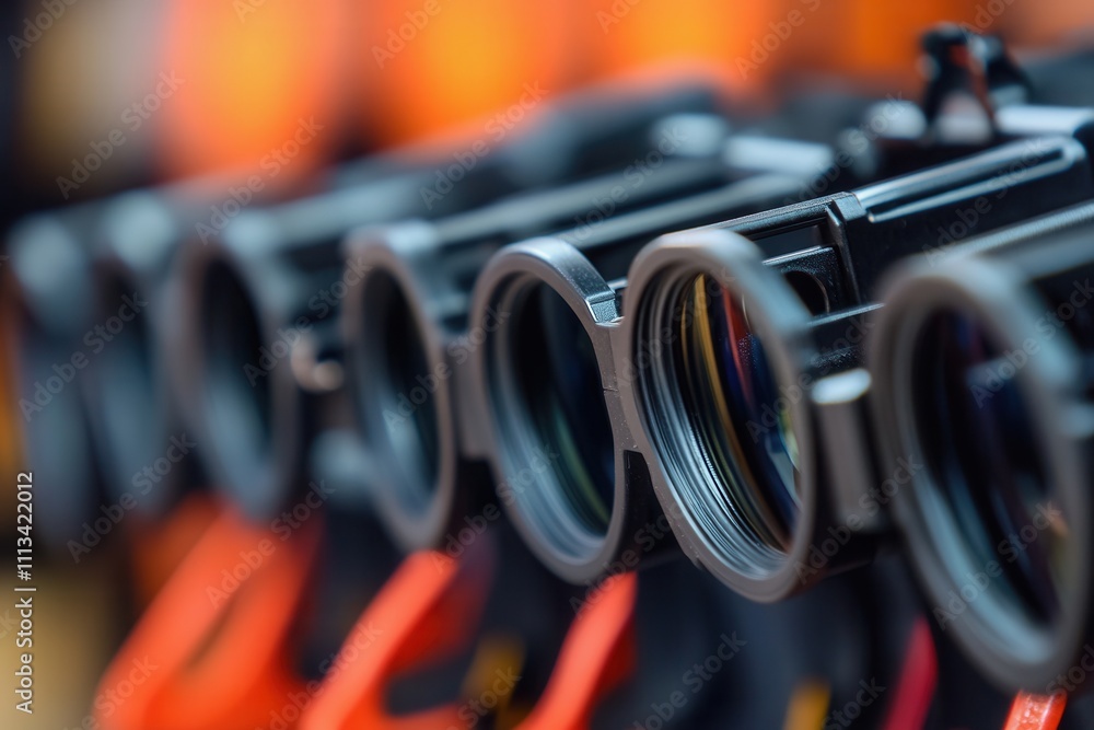 Poster close-up of multiple black camera lenses arranged in a row, showcasing their intricate details and r