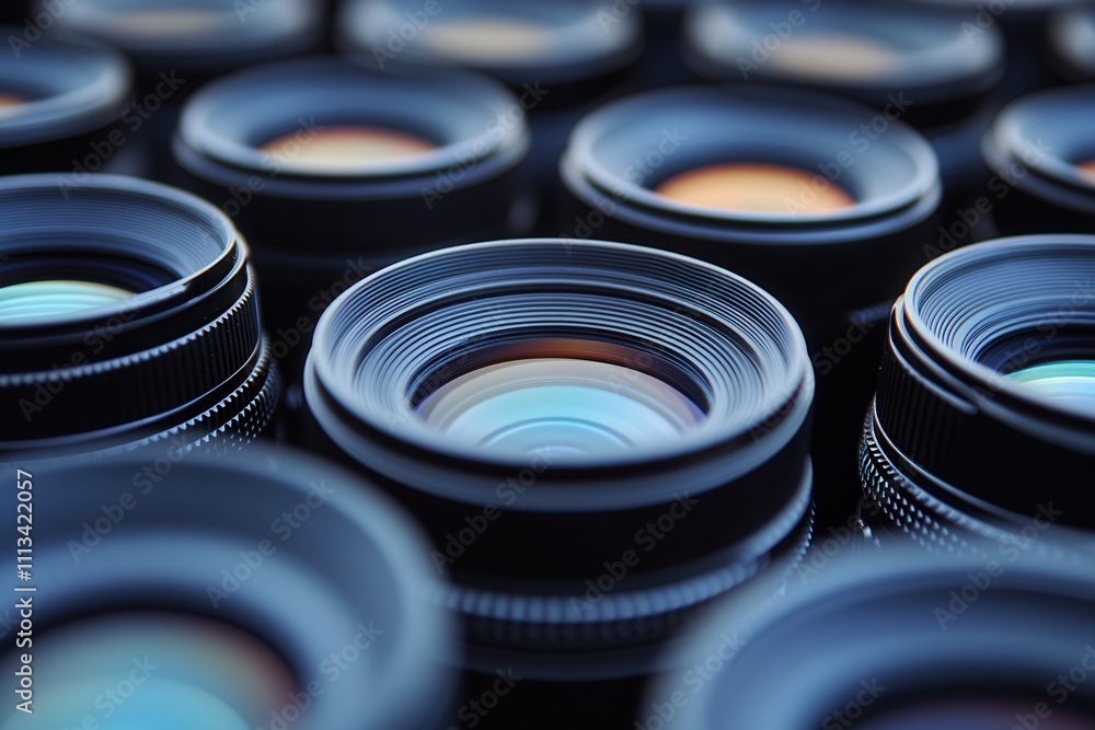 Poster close-up of multiple camera lenses arranged in rows.