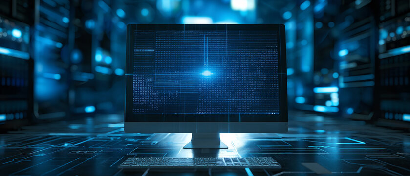 Computer screen displaying code in a futuristic server room.