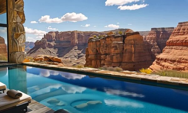 Spa au Grand Canyon avec piscine &agrave; d&eacute;bordement face aux falaises rocheuses et au d&eacute;sert sous ciel bleu, terrasse de luxe, d&eacute;tente, voyage, tourisme haut de gamme et &eacute;vasion panoramique