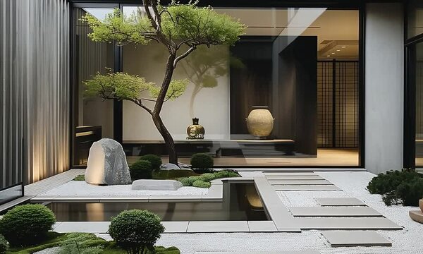 Cour int&eacute;rieure contemporaine avec bassin rectangulaire, pas japonais, arbre taill&eacute;, galet d&eacute;coratif et architecture minimaliste, jardin zen r&eacute;sidentiel, design paysager, s&eacute;r&eacute;nit&eacute;, luxe et harmonie