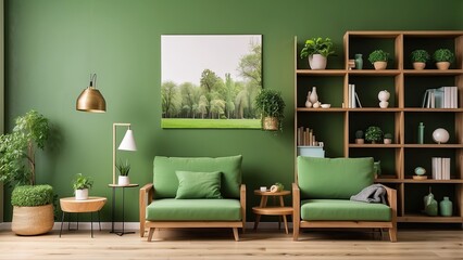 Interior of a wooden and green living room with bookcases and a poster