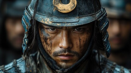 Dramatic Samurai Warrior Portrait in Traditional Armor Attack Position Close Up Japanese Culture