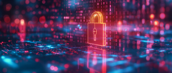 Glowing digital padlock secures binary code data stream.