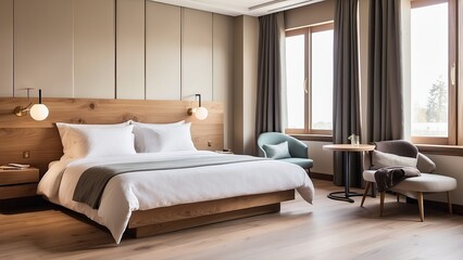 A small hotel room with a comfortable bed and wooden floor-mounted bedside tables