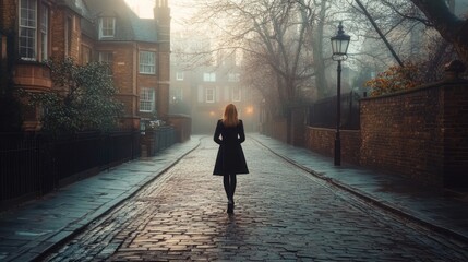A woman walks alone down a foggy, cobblestone street lined with trees and historic buildings.