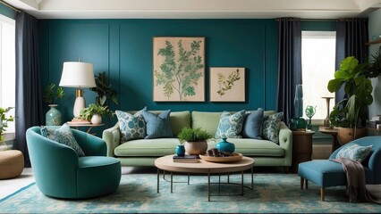 Interior design of a green and blue living room featuring a rug, coffee tables, and cozy furnishings