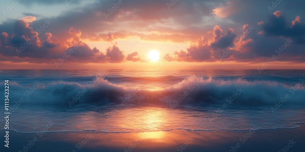 Poster sunrise over serene ocean view with soft pastel colors and gentle ripples