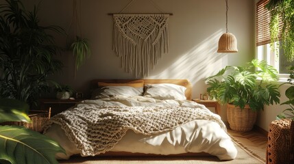 Serene Bohemian Bedroom With Plants And Macrame Wall Hanging