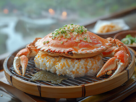 Illustration Japanese cuisine Kanimiso Grilled crab served in crab shell with rice and seaweed