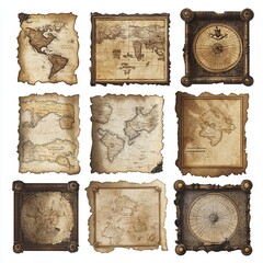 Collection of Antique World Maps and Nautical Charts on Burned Parchment