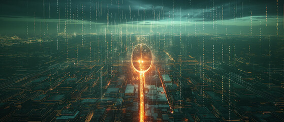 Futuristic cityscape with digital overlay and glowing portal.