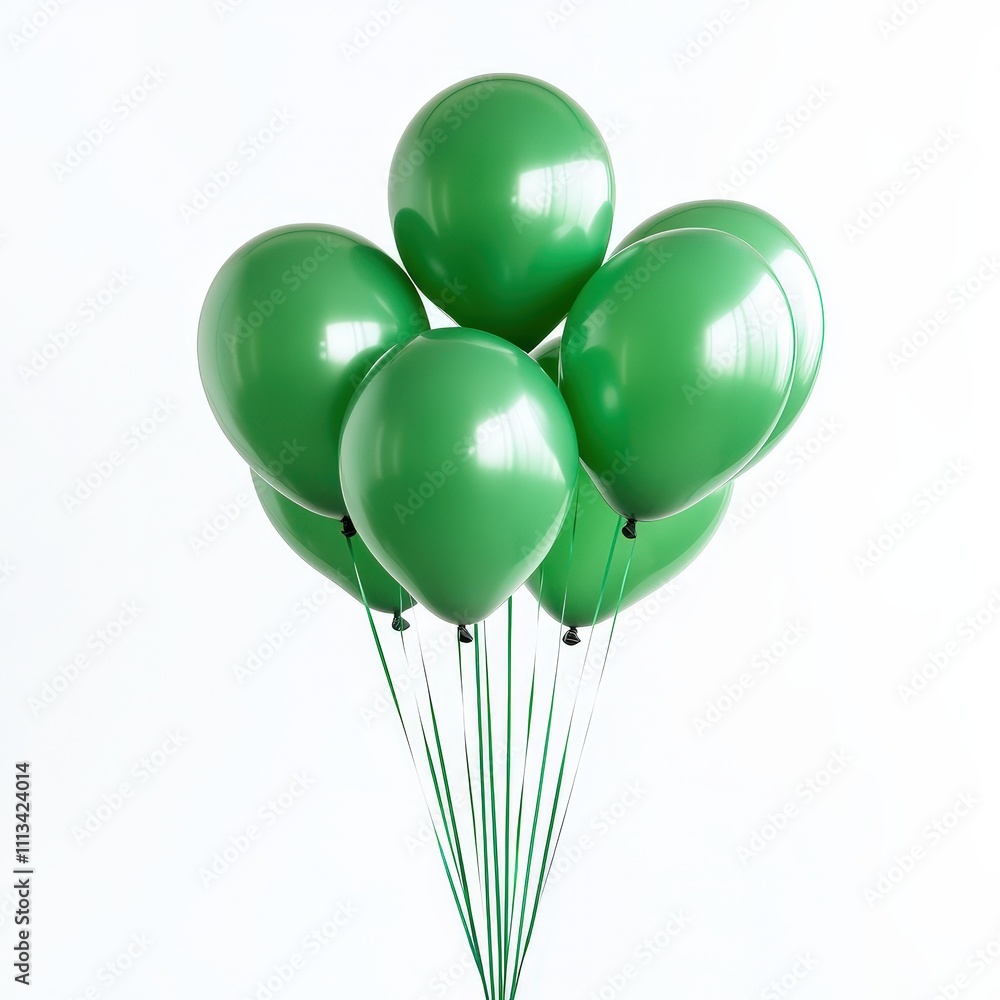 Poster bunch of green balloons floating against a pure white background creating a playful and joyful atmos
