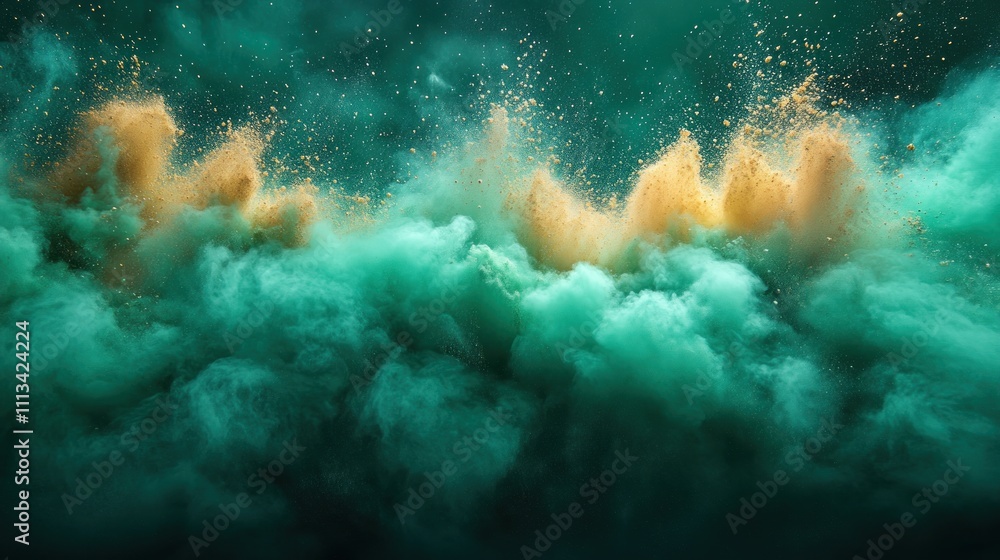 Poster green powder explosion abstract background vibrant splash dynamic motion art design white isolated