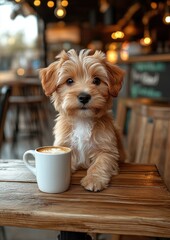 Happy puppy enjoying morning coffee at wooden table in outdoor cafe with blurred street background