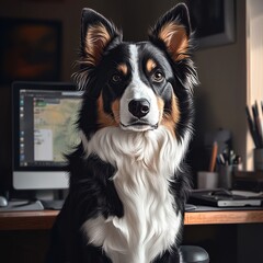 A black and white border collie dog sits on a desk in front of a computer.